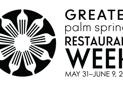 This image is a logo for Greater Palm Springs Restaurant Week, occurring from May 31 to June 9, 2024. It features a circle with forks around its edge.