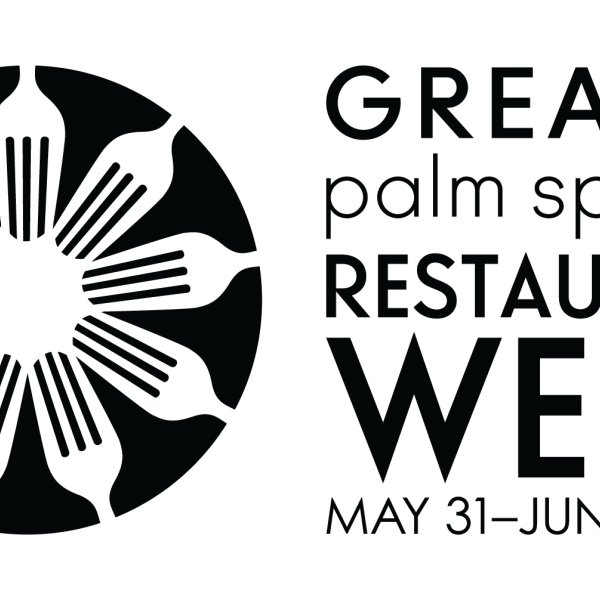 This image is a logo for Greater Palm Springs Restaurant Week, occurring from May 31 to June 9, 2024. It features a circle with forks around its edge.